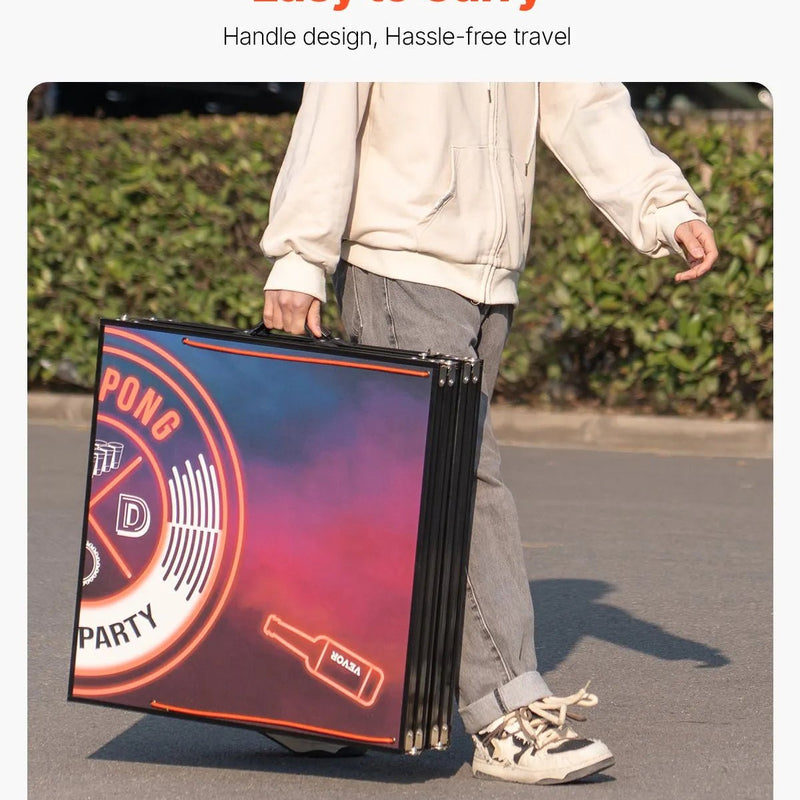 VEVOR pārnēsājams Beer Pong galds ar LED apgaismojumu, 244 cm, salokāms galds ar rokturiem pārnēsāšanai, regulējams augstums, komplektā 6 bumbiņas, viegls galds ballītēm, ceļošanai un kempingam - ZEMLETES.LV
