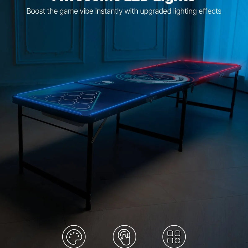 VEVOR pārnēsājams Beer Pong galds ar LED apgaismojumu, 244 cm, salokāms galds ar rokturiem pārnēsāšanai, regulējams augstums, komplektā 6 bumbiņas, viegls galds ballītēm, ceļošanai un kempingam - ZEMLETES.LV