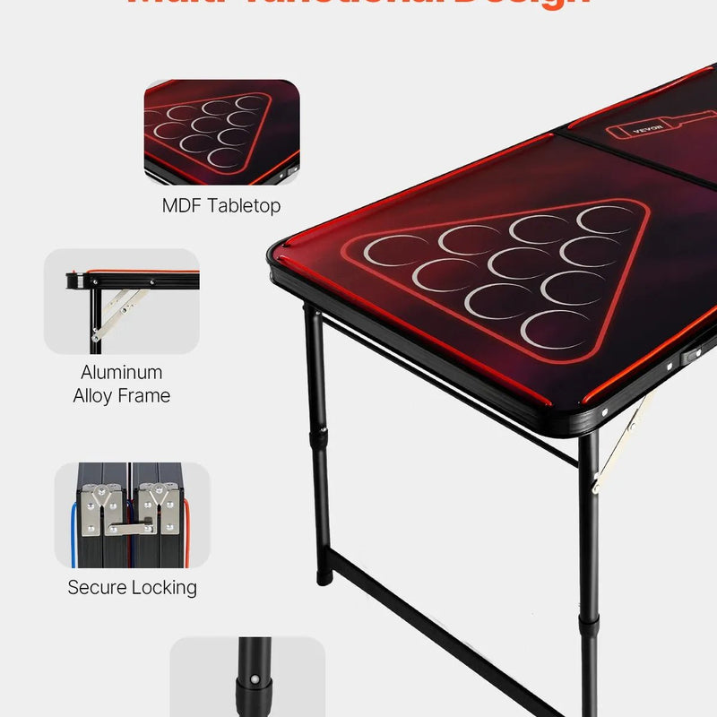 VEVOR pārnēsājams Beer Pong galds ar LED apgaismojumu, 244 cm, salokāms galds ar rokturiem pārnēsāšanai, regulējams augstums, komplektā 6 bumbiņas, viegls galds ballītēm, ceļošanai un kempingam - ZEMLETES.LV