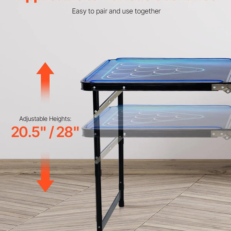 VEVOR pārnēsājams Beer Pong galds ar LED apgaismojumu, 244 cm, salokāms galds ar rokturiem pārnēsāšanai, regulējams augstums, komplektā 6 bumbiņas, viegls galds ballītēm, ceļošanai un kempingam - ZEMLETES.LV