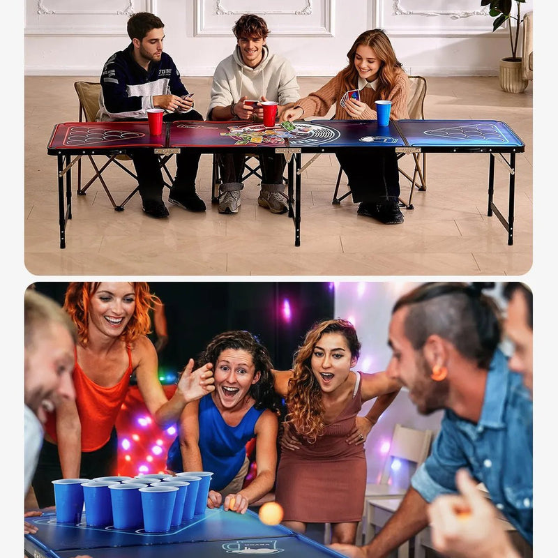 VEVOR pārnēsājams Beer Pong galds ar LED apgaismojumu, 244 cm, salokāms galds ar rokturiem pārnēsāšanai, regulējams augstums, komplektā 6 bumbiņas, viegls galds ballītēm, ceļošanai un kempingam - ZEMLETES.LV