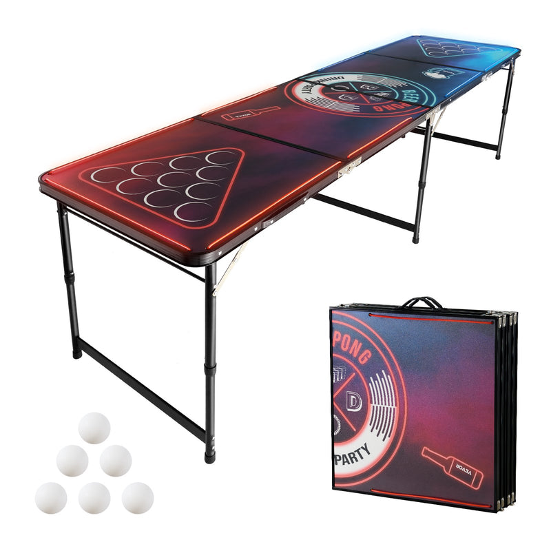 VEVOR pārnēsājams Beer Pong galds ar LED apgaismojumu, 244 cm, salokāms galds ar rokturiem pārnēsāšanai, regulējams augstums, komplektā 6 bumbiņas, viegls galds ballītēm, ceļošanai un kempingam - ZEMLETES.LV