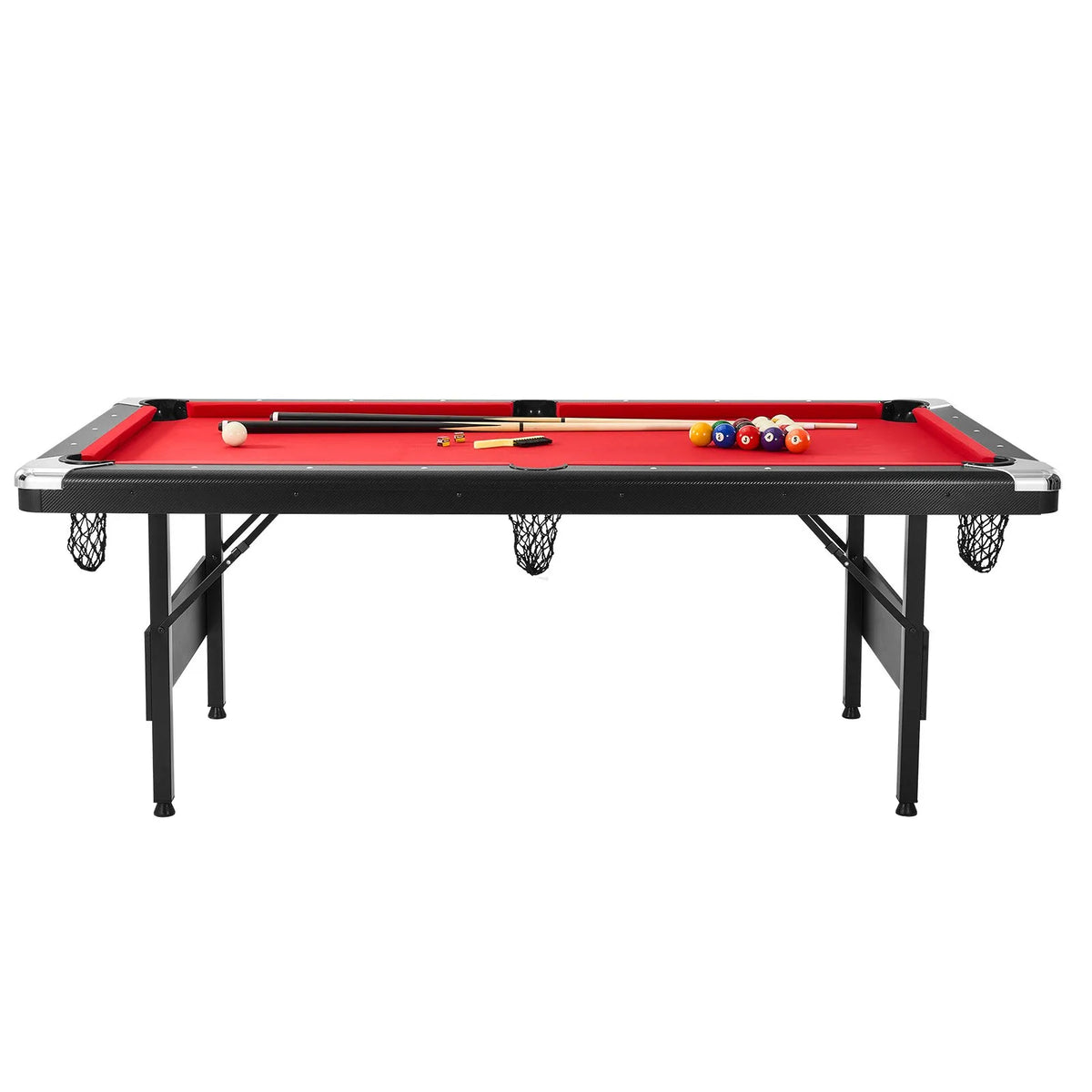 VEVOR biljarda galds 213 cm, salokāms un vietu taupošs galds, komplektā bumbas, kijas, krīts un birste, melns ar sarkanu audumu, piemērots ģimenes spēļu istabai bērniem un pieaugušajiem - ZEMLETES.LV