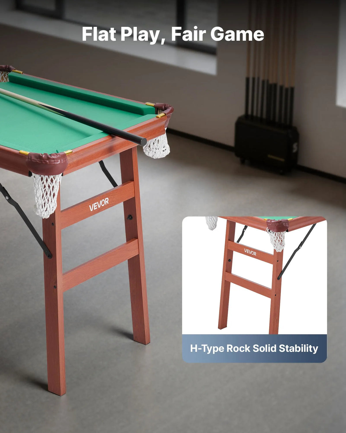 VEVOR salokāms biljarda galds 140 cm, pārnēsājams un vietu taupošs spēļu komplekts, komplektā bumbas, kijas, trijstūris, krīts un birste, brūns ar zilu audumu, piemērots ģimenes atpūtai un spēļu istabai - ZEMLETES.LV
