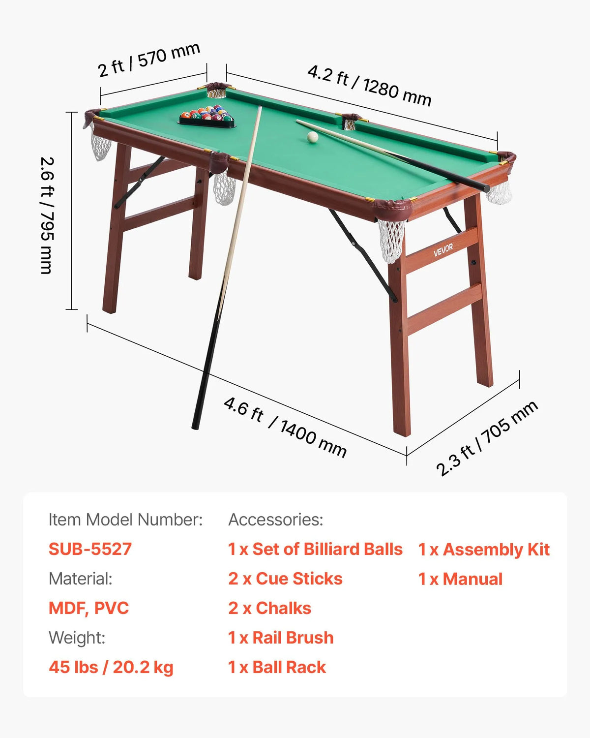 VEVOR salokāms biljarda galds 140 cm, pārnēsājams un vietu taupošs spēļu komplekts, komplektā bumbas, kijas, trijstūris, krīts un birste, brūns ar zilu audumu, piemērots ģimenes atpūtai un spēļu istabai - ZEMLETES.LV