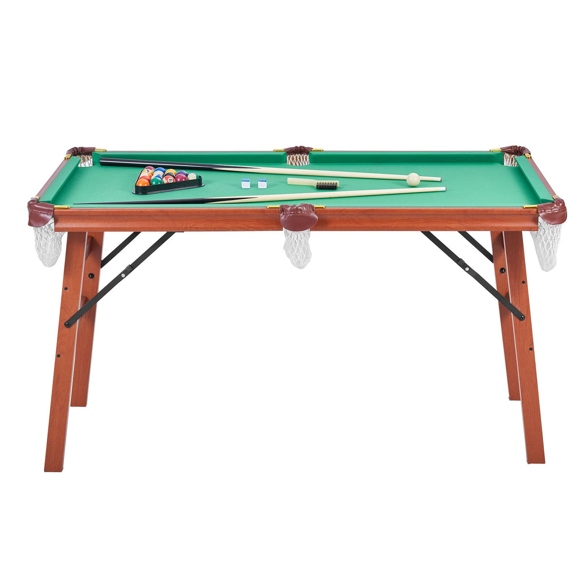 VEVOR salokāms biljarda galds 140 cm, pārnēsājams un vietu taupošs spēļu komplekts, komplektā bumbas, kijas, trijstūris, krīts un birste, brūns ar zilu audumu, piemērots ģimenes atpūtai un spēļu istabai - ZEMLETES.LV