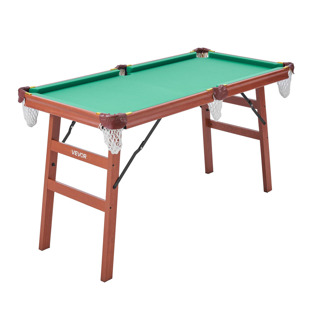 VEVOR salokāms biljarda galds 140 cm, pārnēsājams un vietu taupošs spēļu komplekts, komplektā bumbas, kijas, trijstūris, krīts un birste, brūns ar zilu audumu, piemērots ģimenes atpūtai un spēļu istabai - ZEMLETES.LV