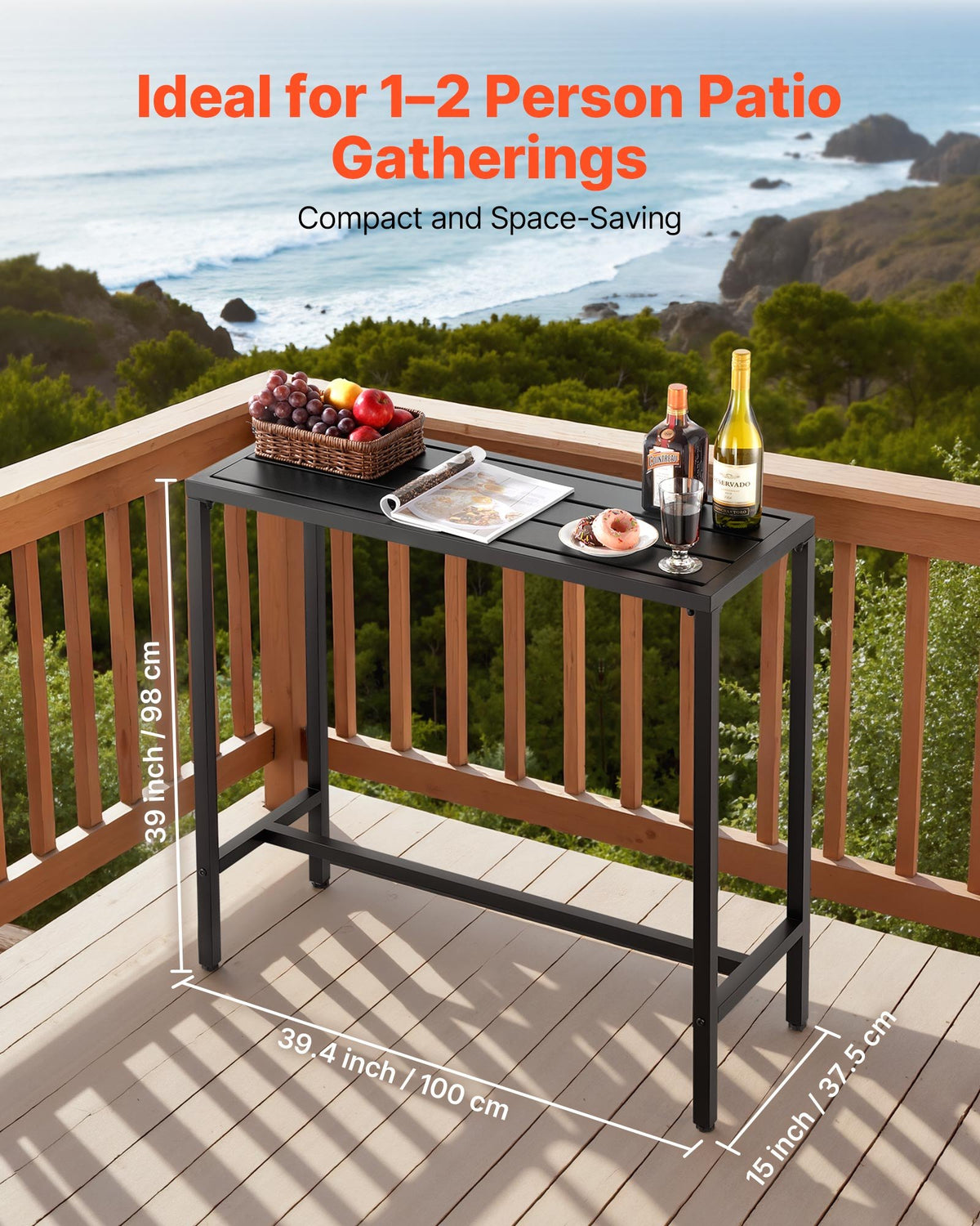 VEVOR Outdoor Bar Table 100 × 37.5 cm, Water-Resistant Surface and Durable Metal Frame, Rectangle Bar Height Table for Balcony, Patio, Poolside or Hot Tub, Suitable for Indoors Too