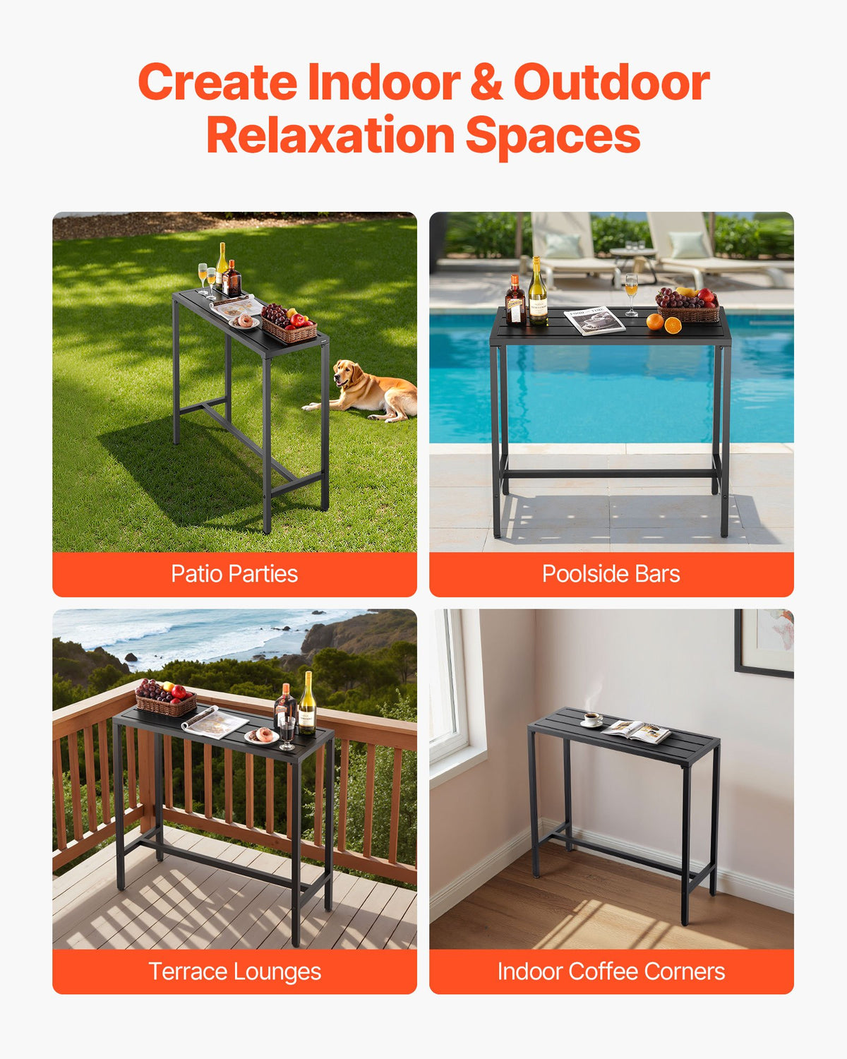 VEVOR Outdoor Bar Table 100 × 37.5 cm, Water-Resistant Surface and Durable Metal Frame, Rectangle Bar Height Table for Balcony, Patio, Poolside or Hot Tub, Suitable for Indoors Too