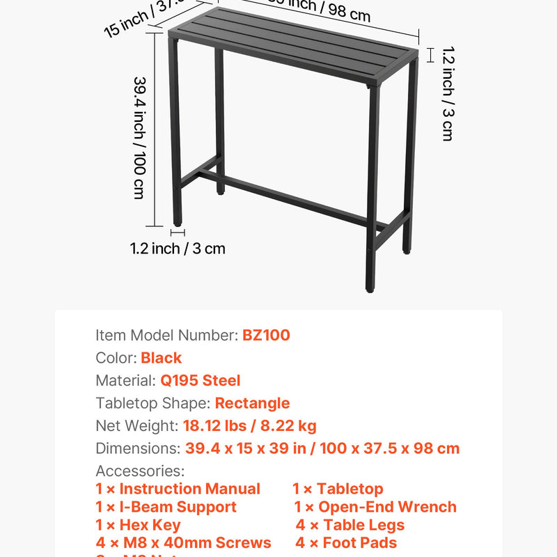 VEVOR āra bāra galds 100 × 37,5 cm, ūdensizturīga virsma un izturīgs metāla rāmis, taisnstūra letes augstuma galds balkonam, pagalmam, pie baseina vai džakuzi, piemērots arī iekštelpām