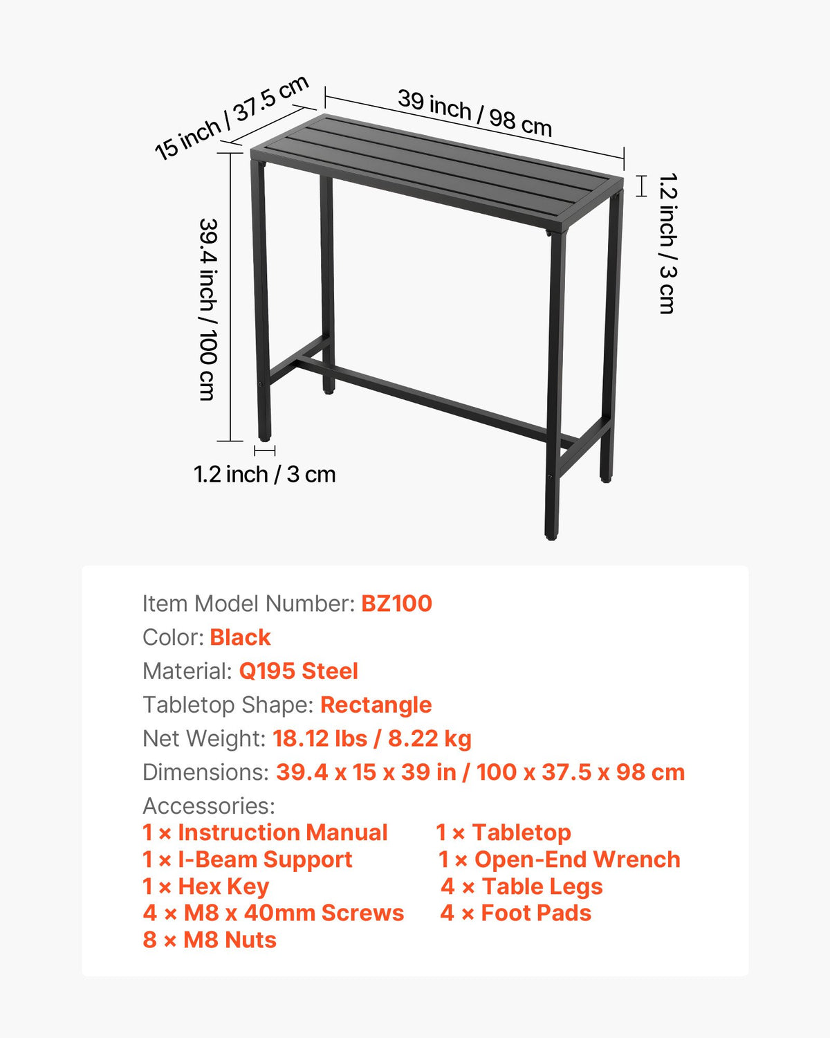 VEVOR Outdoor Bar Table 100 × 37.5 cm, Water-Resistant Surface and Durable Metal Frame, Rectangle Bar Height Table for Balcony, Patio, Poolside or Hot Tub, Suitable for Indoors Too