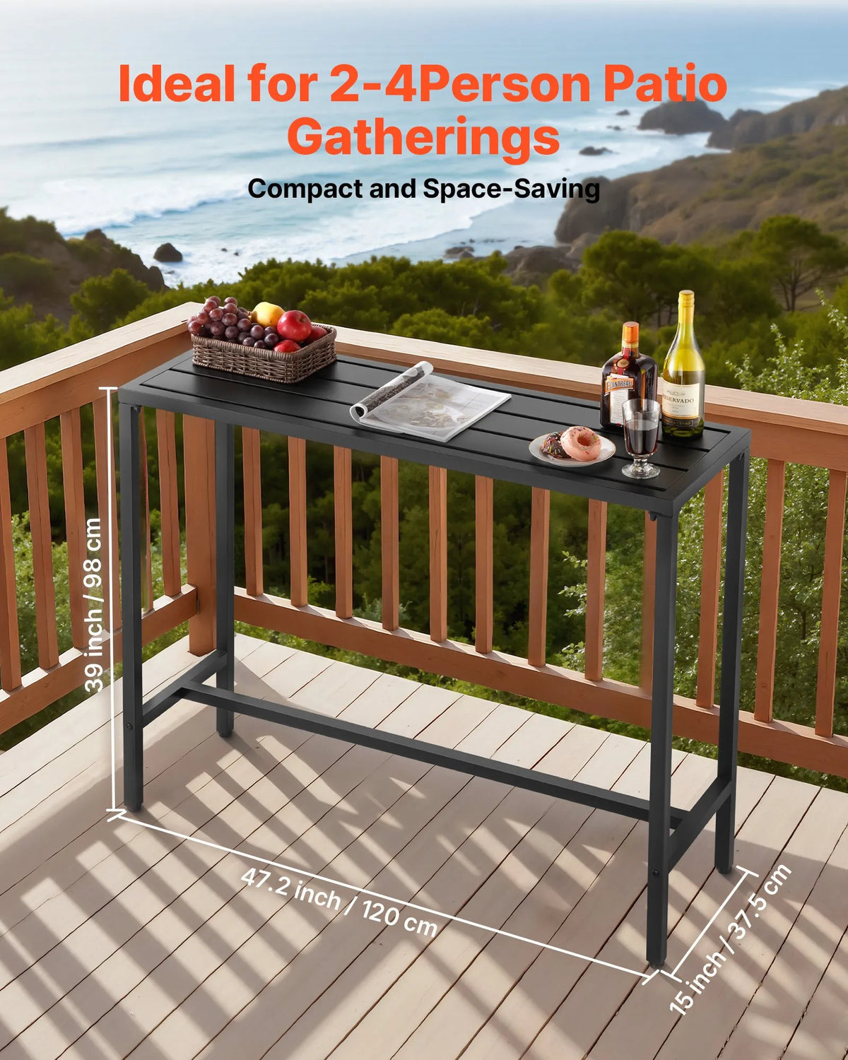 VEVOR Outdoor Bar Table 120 × 37.5 cm, Water-Resistant Surface and Durable Metal Frame, Rectangle Bar Height Table for Balcony, Patio, Poolside or Hot Tub, Suitable for Indoors Too