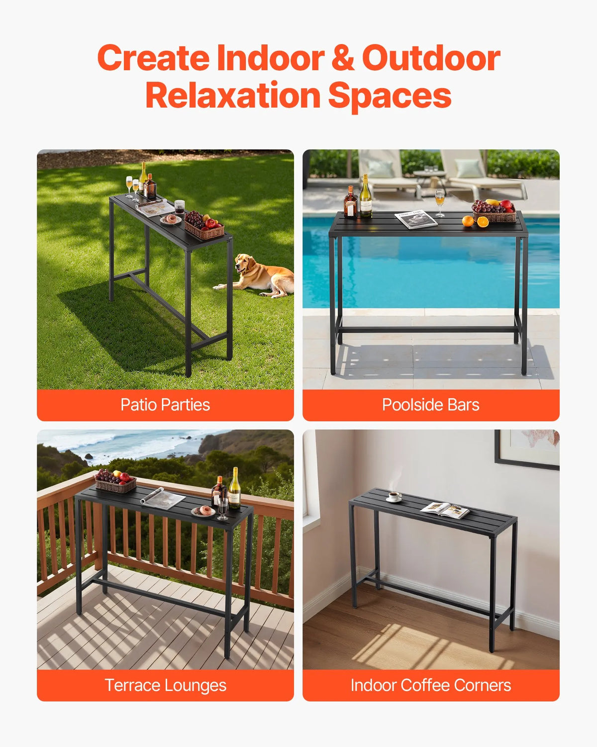 VEVOR Outdoor Bar Table 120 × 37.5 cm, Water-Resistant Surface and Durable Metal Frame, Rectangle Bar Height Table for Balcony, Patio, Poolside or Hot Tub, Suitable for Indoors Too