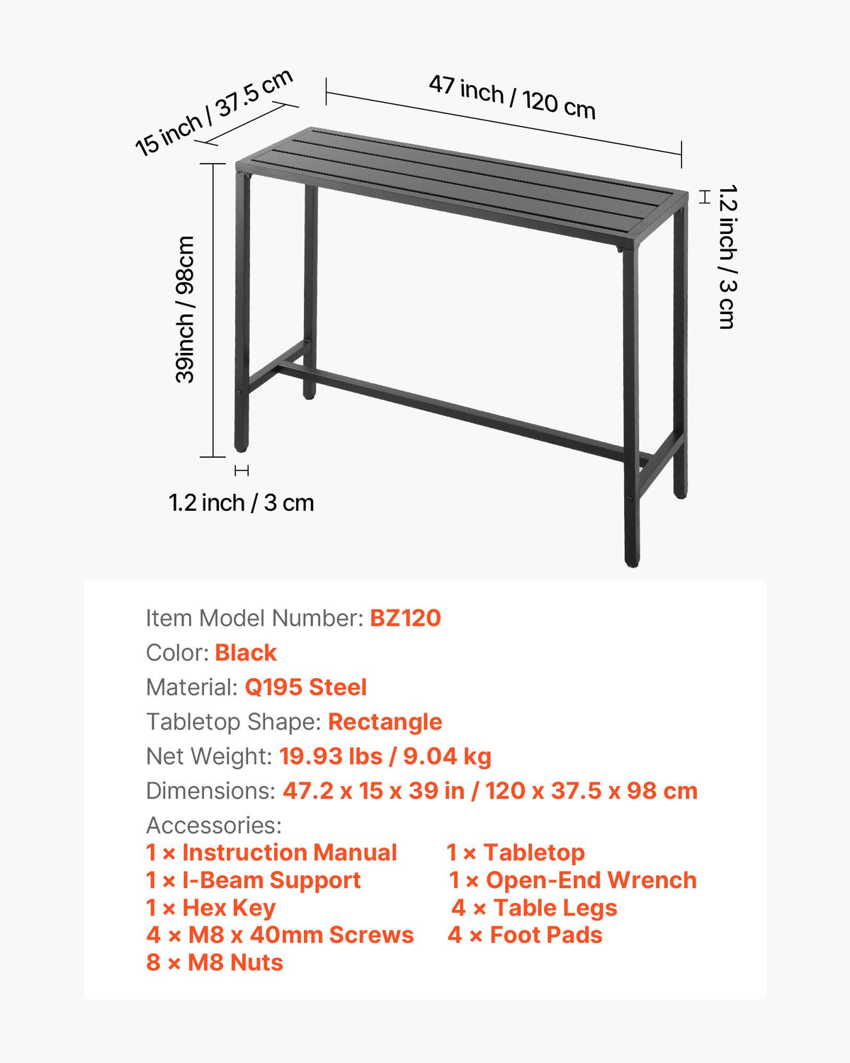 VEVOR Outdoor Bar Table 120 × 37.5 cm, Water-Resistant Surface and Durable Metal Frame, Rectangle Bar Height Table for Balcony, Patio, Poolside or Hot Tub, Suitable for Indoors Too