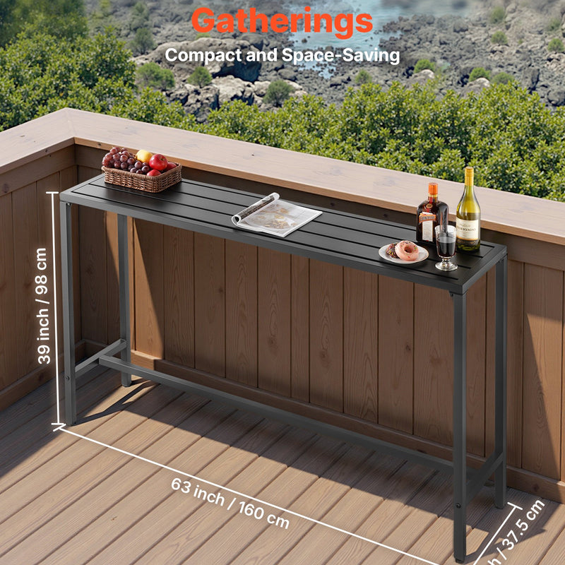 VEVOR āra bāra galds 160 × 37,5 cm, ūdensizturīga virsma un izturīgs metāla rāmis, taisnstūra letes augstuma galds balkonam, pagalmam, pie baseina vai džakuzi, piemērots arī iekštelpām