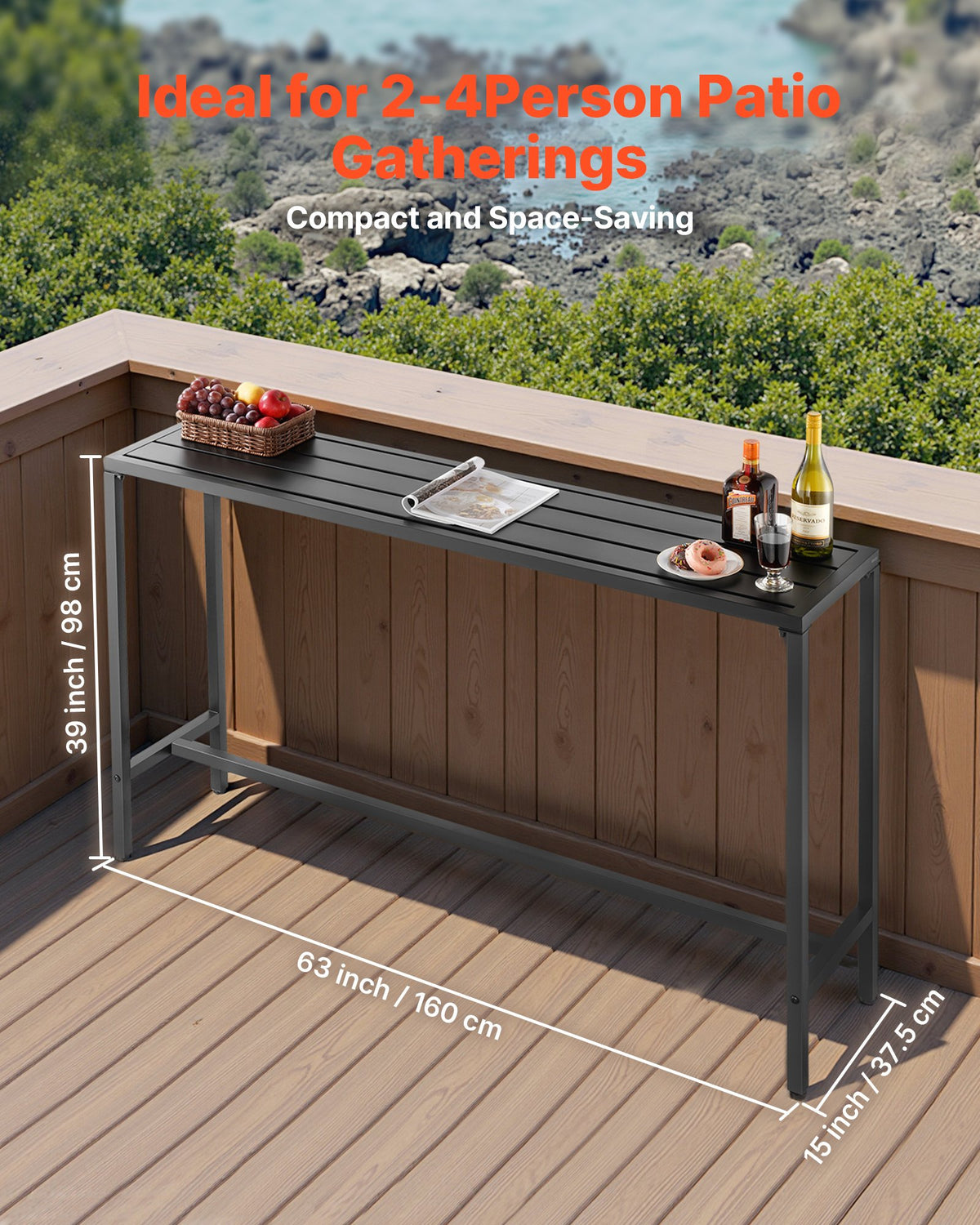 VEVOR Outdoor Bar Table 160 × 37.5 cm, Water-Resistant Surface and Durable Metal Frame, Rectangle Bar Height Table for Balcony, Patio, Poolside or Hot Tub, Suitable for Indoors Too