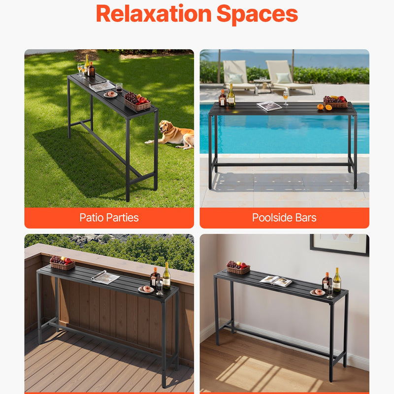 VEVOR āra bāra galds 160 × 37,5 cm, ūdensizturīga virsma un izturīgs metāla rāmis, taisnstūra letes augstuma galds balkonam, pagalmam, pie baseina vai džakuzi, piemērots arī iekštelpām