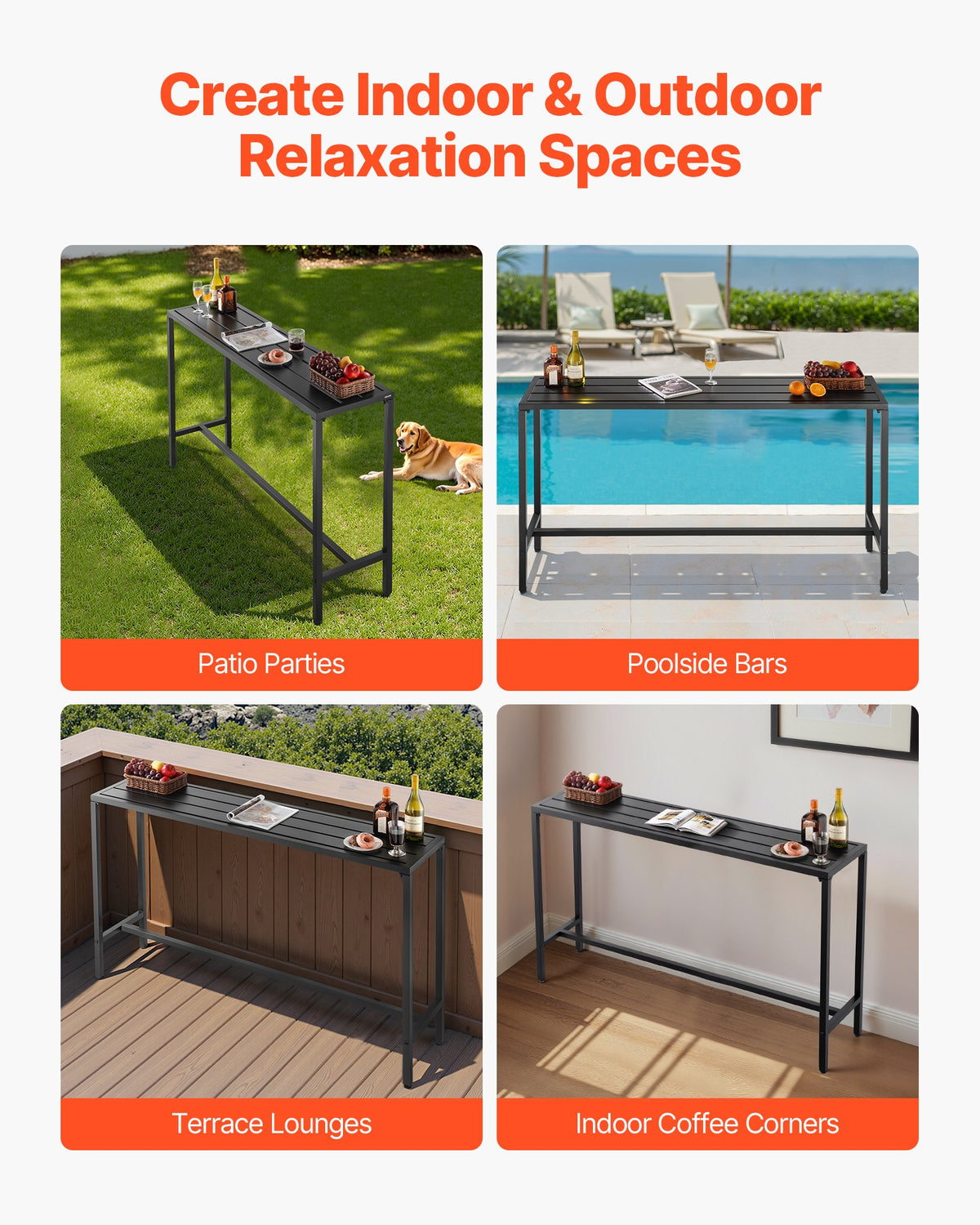 VEVOR Outdoor Bar Table 160 × 37.5 cm, Water-Resistant Surface and Durable Metal Frame, Rectangle Bar Height Table for Balcony, Patio, Poolside or Hot Tub, Suitable for Indoors Too