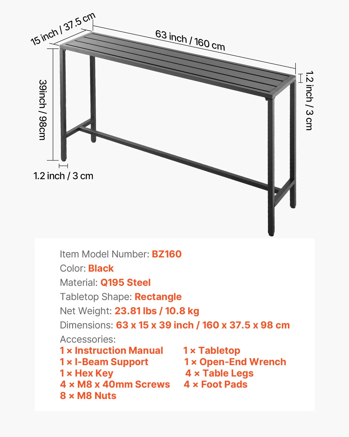 VEVOR Outdoor Bar Table 160 × 37.5 cm, Water-Resistant Surface and Durable Metal Frame, Rectangle Bar Height Table for Balcony, Patio, Poolside or Hot Tub, Suitable for Indoors Too