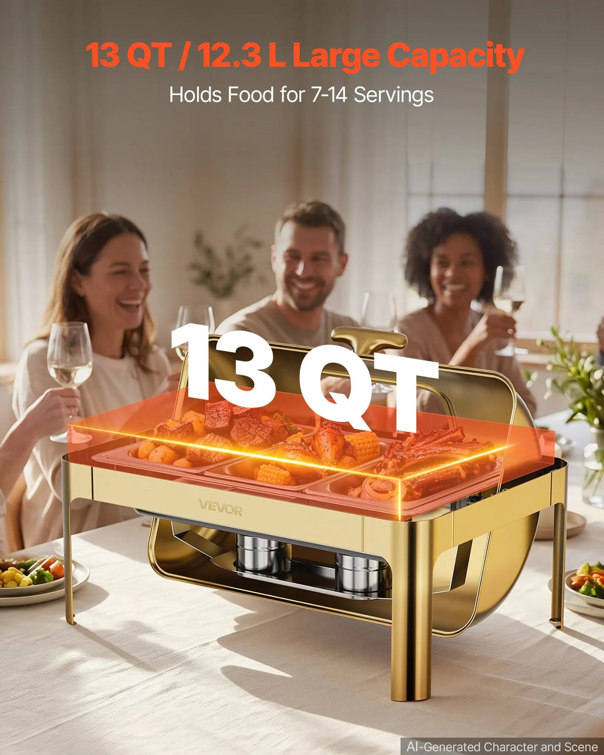VEVOR bufetes ēdiena sildtrauku komplekts ar roll-top vāku, 12,3 l, nerūsējošais tērauds, 1 pilna izmēra un 3 trešdaļizmēra pannas, stikla vāks, knaibles un stikla paliktnis