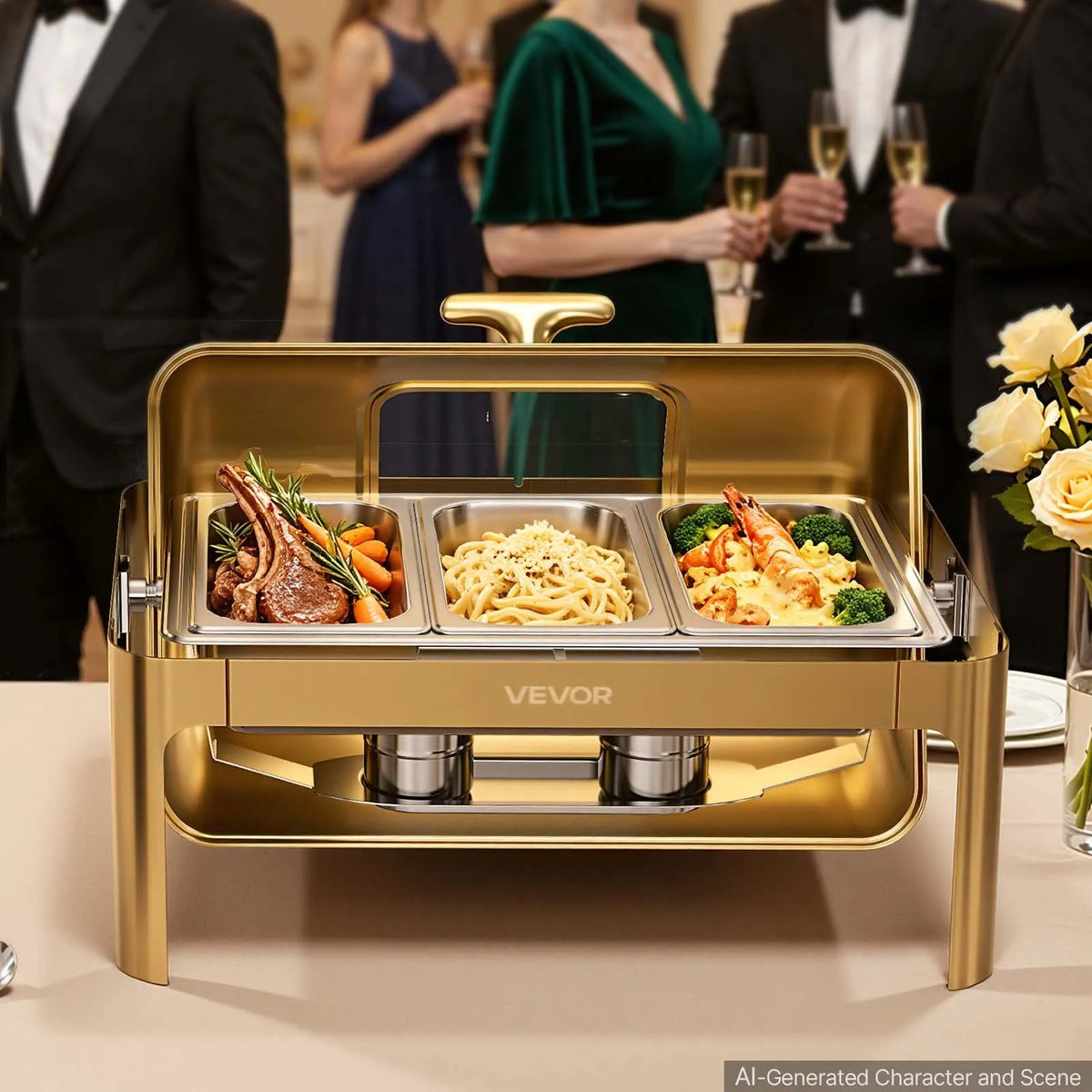 VEVOR bufetes ēdiena sildtrauku komplekts ar roll-top vāku, 12,3 l, nerūsējošais tērauds, 1 pilna izmēra un 3 trešdaļizmēra pannas, stikla vāks, knaibles un stikla paliktnis