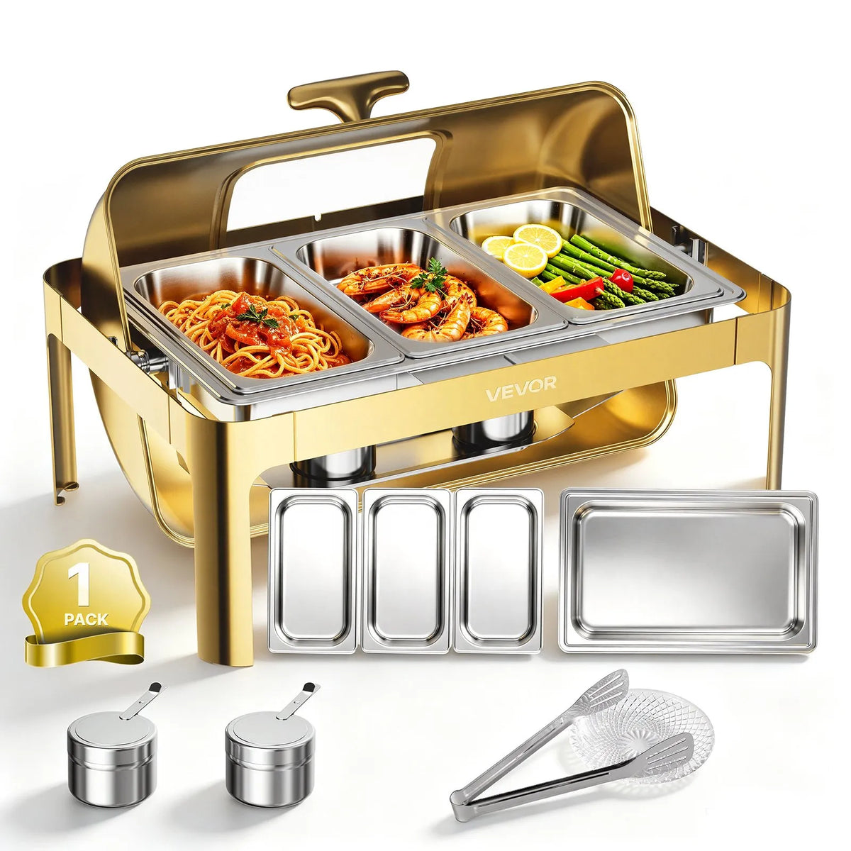 VEVOR bufetes ēdiena sildtrauku komplekts ar roll-top vāku, 12,3 l, nerūsējošais tērauds, 1 pilna izmēra un 3 trešdaļizmēra pannas, stikla vāks, knaibles un stikla paliktnis