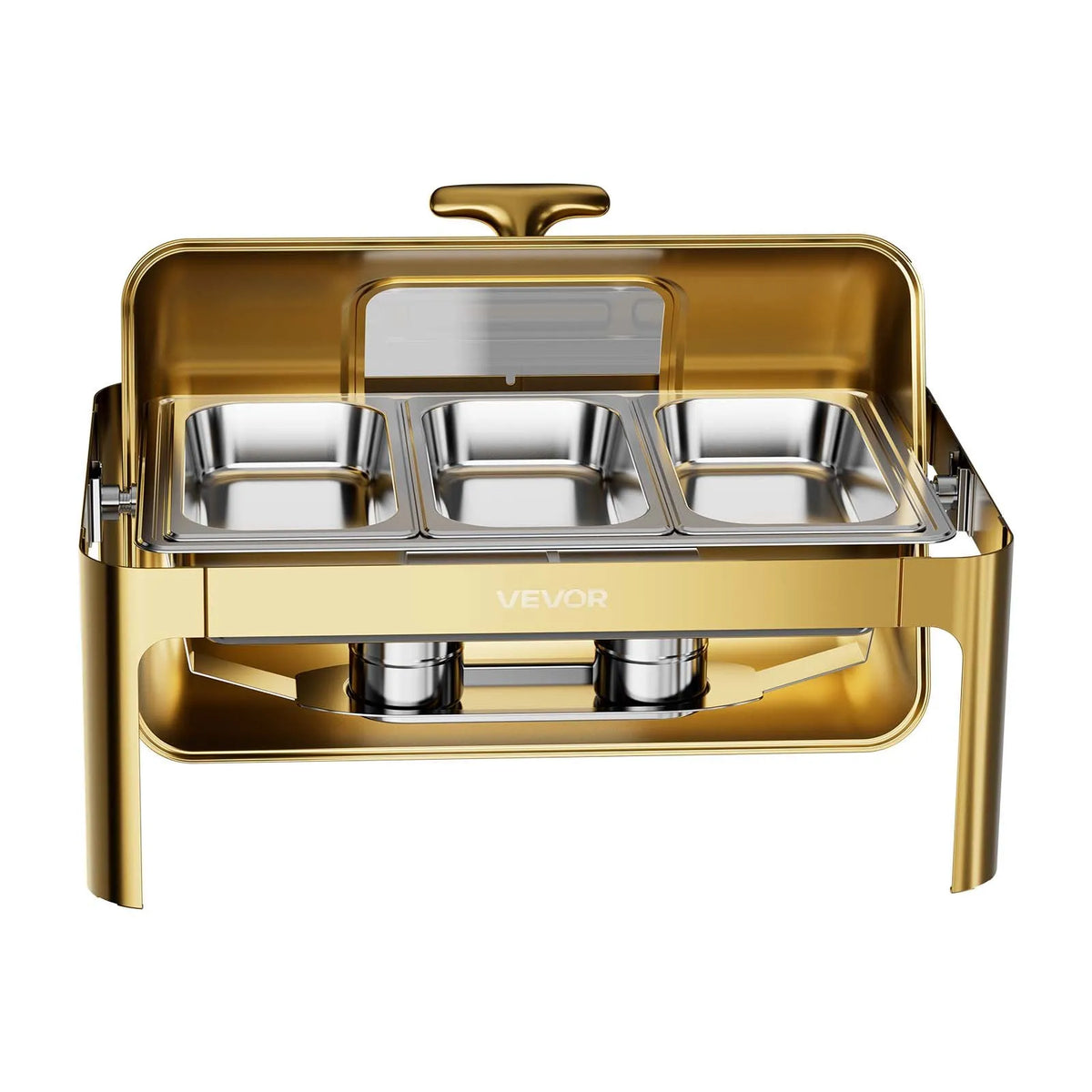 VEVOR bufetes ēdiena sildtrauku komplekts ar roll-top vāku, 12,3 l, nerūsējošais tērauds, 1 pilna izmēra un 3 trešdaļizmēra pannas, stikla vāks, knaibles un stikla paliktnis