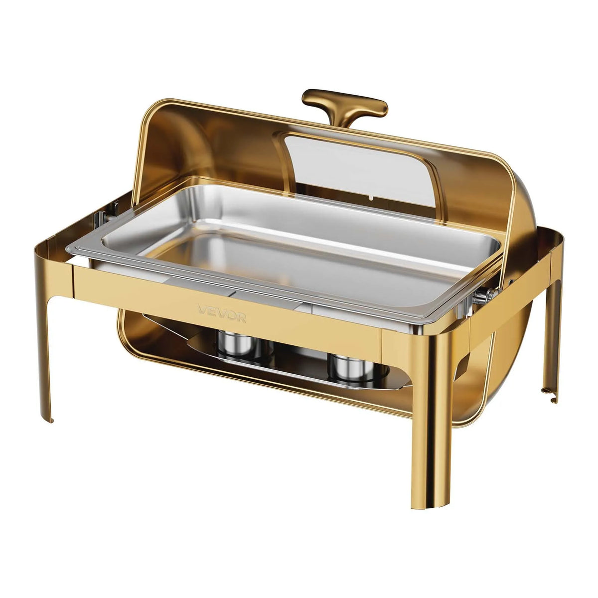 VEVOR bufetes ēdiena sildtrauku komplekts ar roll-top vāku, 12,3 l, nerūsējošais tērauds, 1 pilna izmēra un 3 trešdaļizmēra pannas, stikla vāks, knaibles un stikla paliktnis