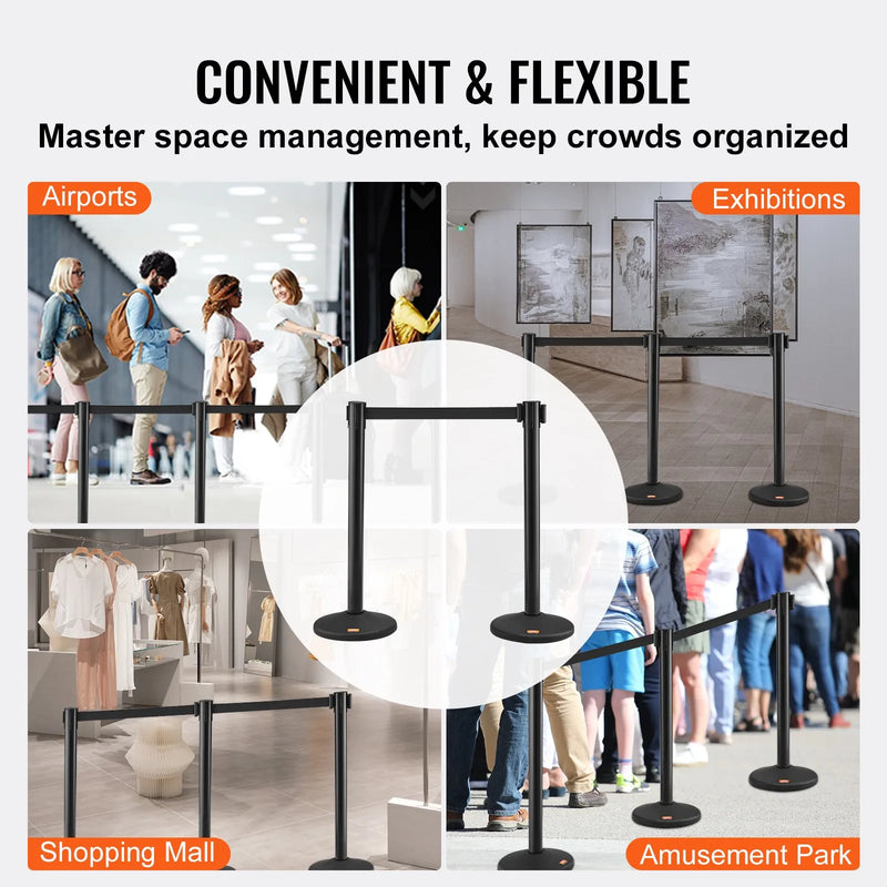 VEVOR 6 gab. pūļa kontroles plastmasas statīvu komplekts ar 3 gab. 2 m melnām izvelkamām lentēm, rindas barjeras lidostām un izstādēm