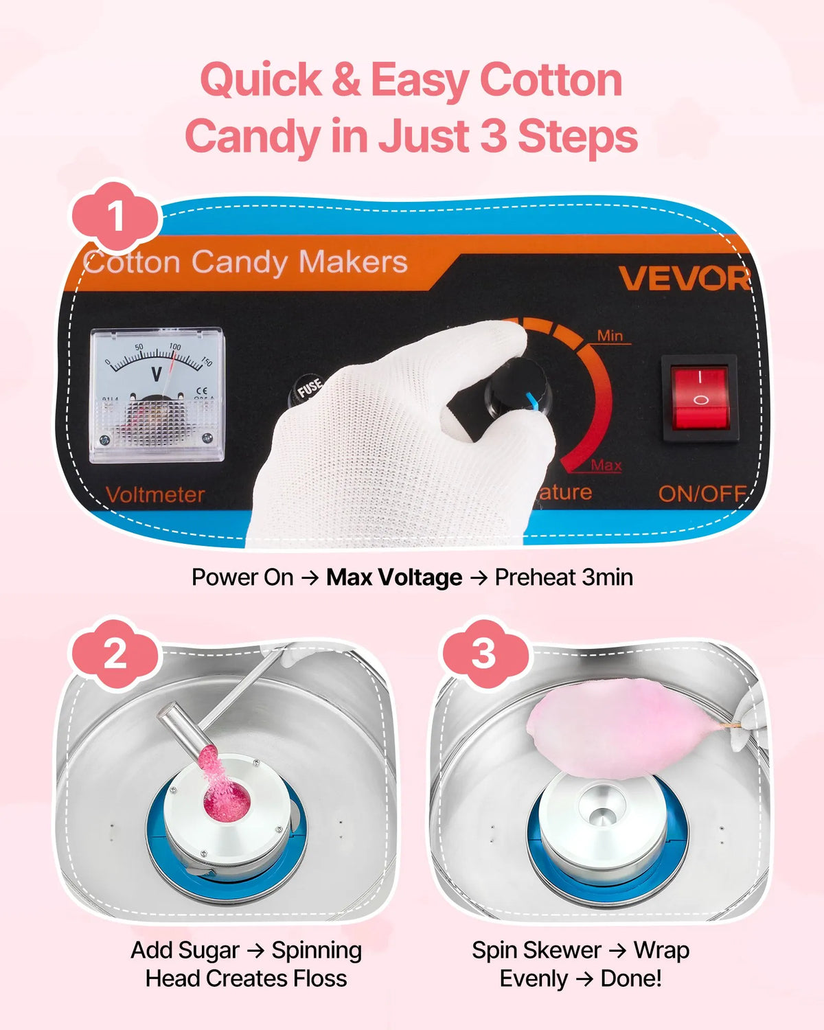 VEVOR Candy Floss Machine 1000 W with Cover and Stainless Steel Bowl, for Carnivals and Parties, Blue