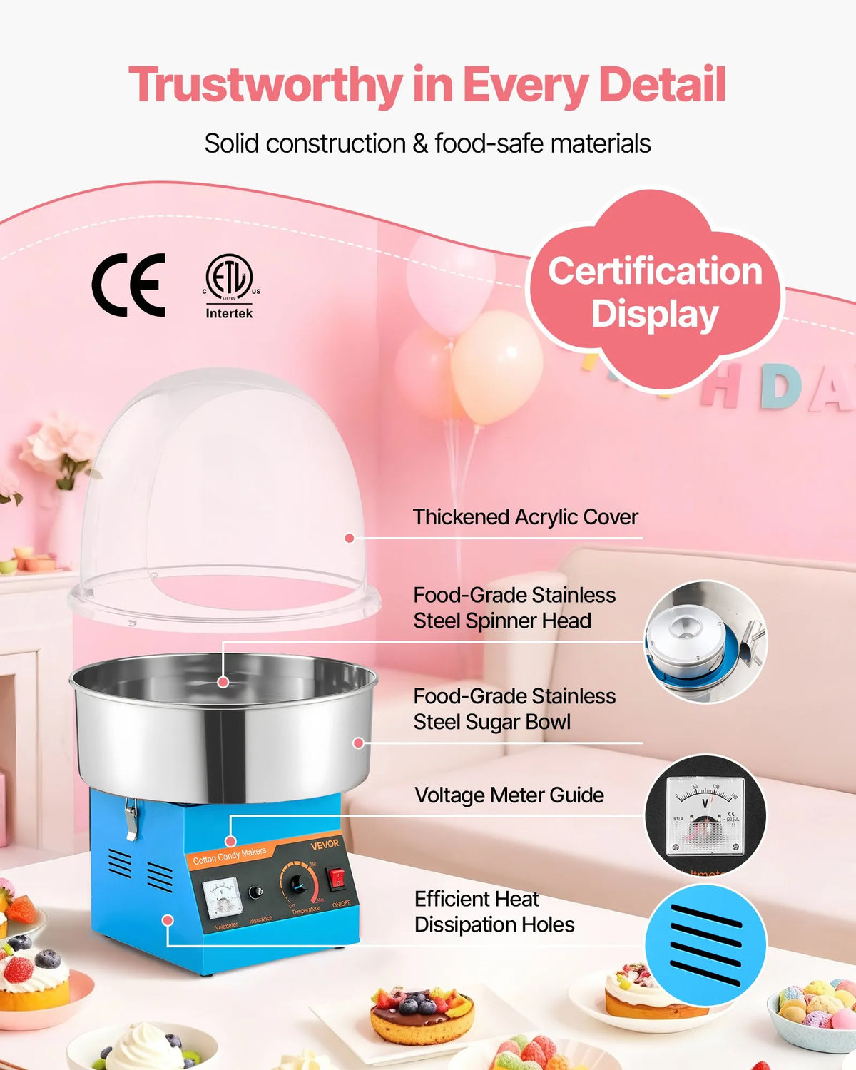 VEVOR Candy Floss Machine 1000 W with Cover and Stainless Steel Bowl, for Carnivals and Parties, Blue