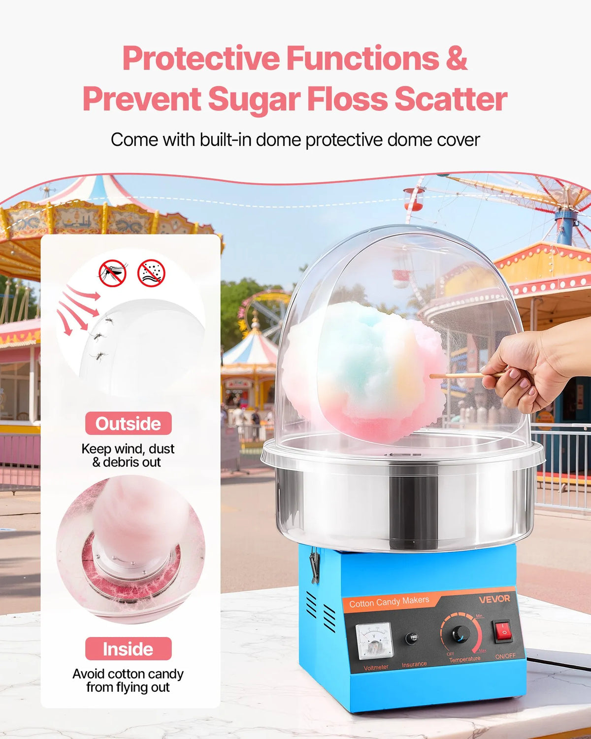 VEVOR Candy Floss Machine 1000 W with Cover and Stainless Steel Bowl, for Carnivals and Parties, Blue