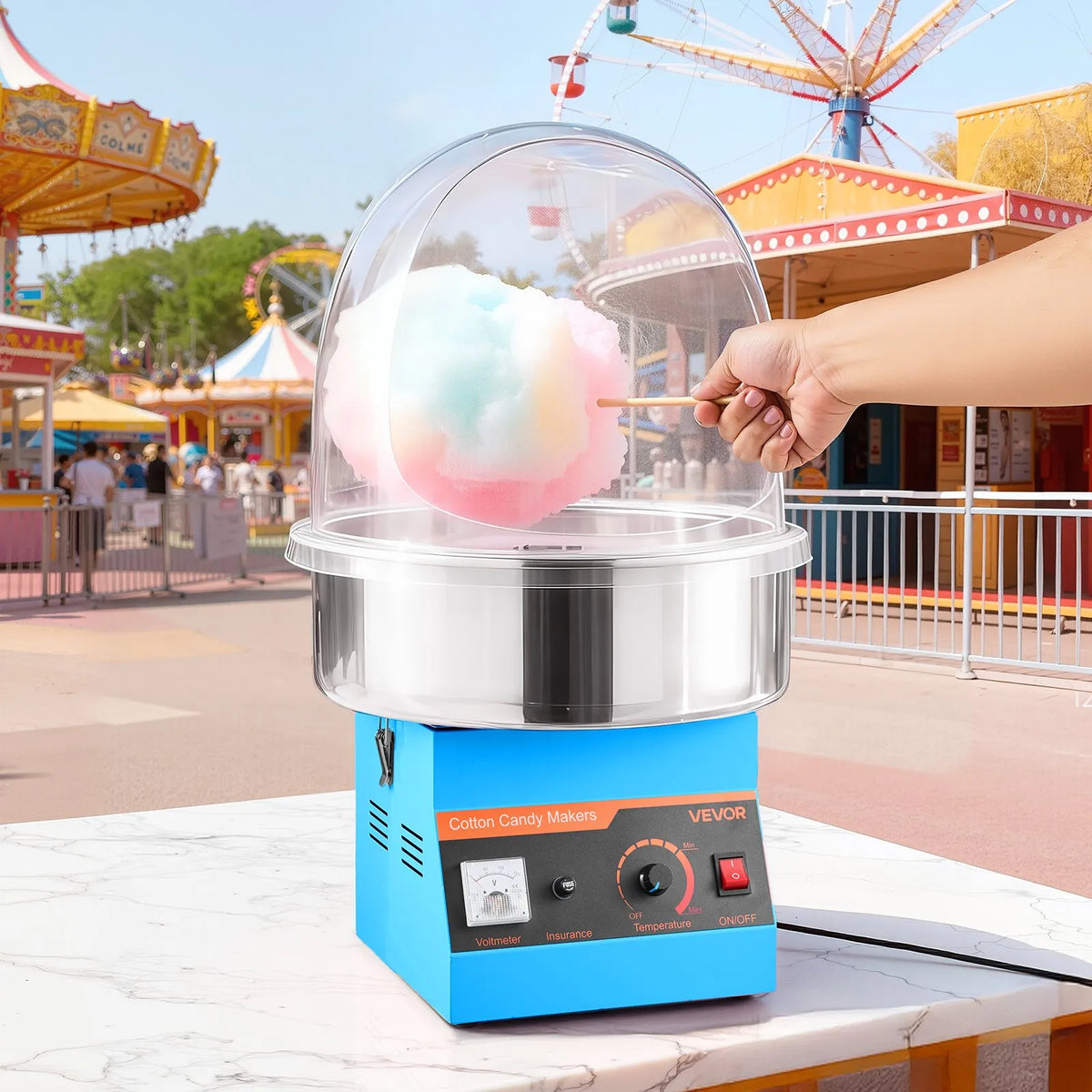 VEVOR Candy Floss Machine 1000 W with Cover and Stainless Steel Bowl, for Carnivals and Parties, Blue