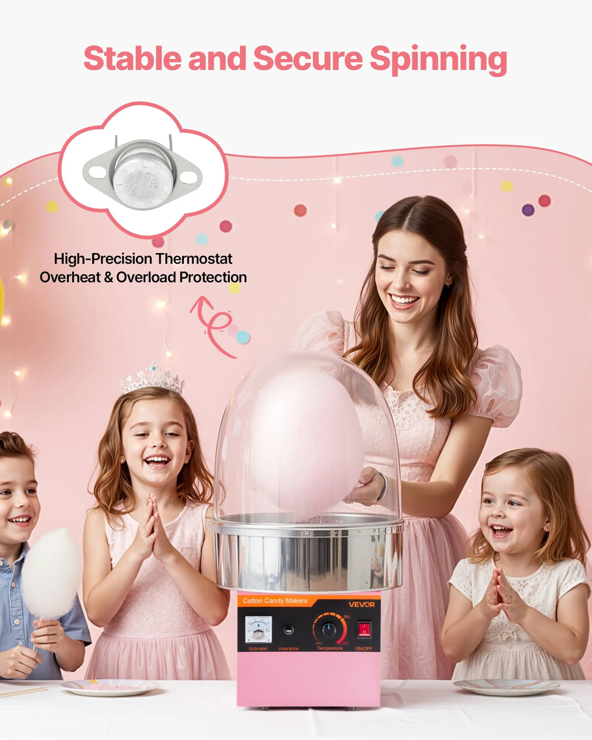VEVOR Candy Floss Machine 1000 W with Cover and Stainless Steel Bowl, for Home and Parties, Pink