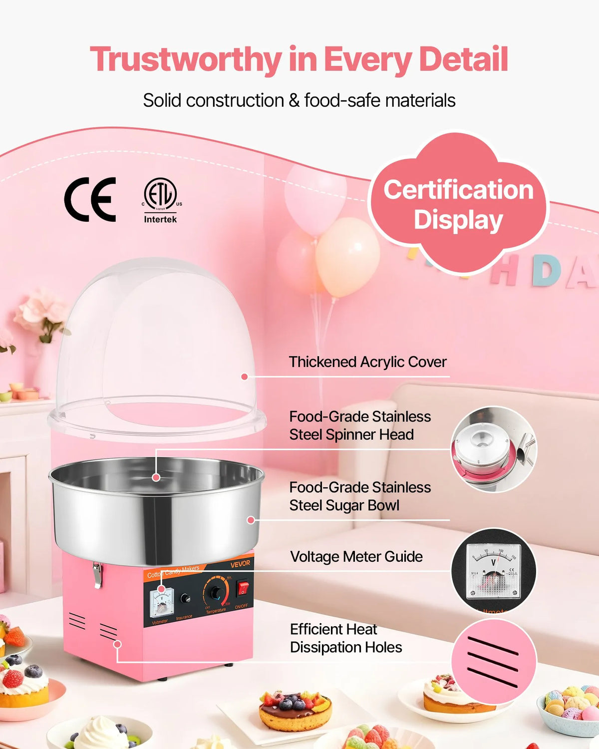 VEVOR Candy Floss Machine 1000 W with Cover and Stainless Steel Bowl, for Home and Parties, Pink