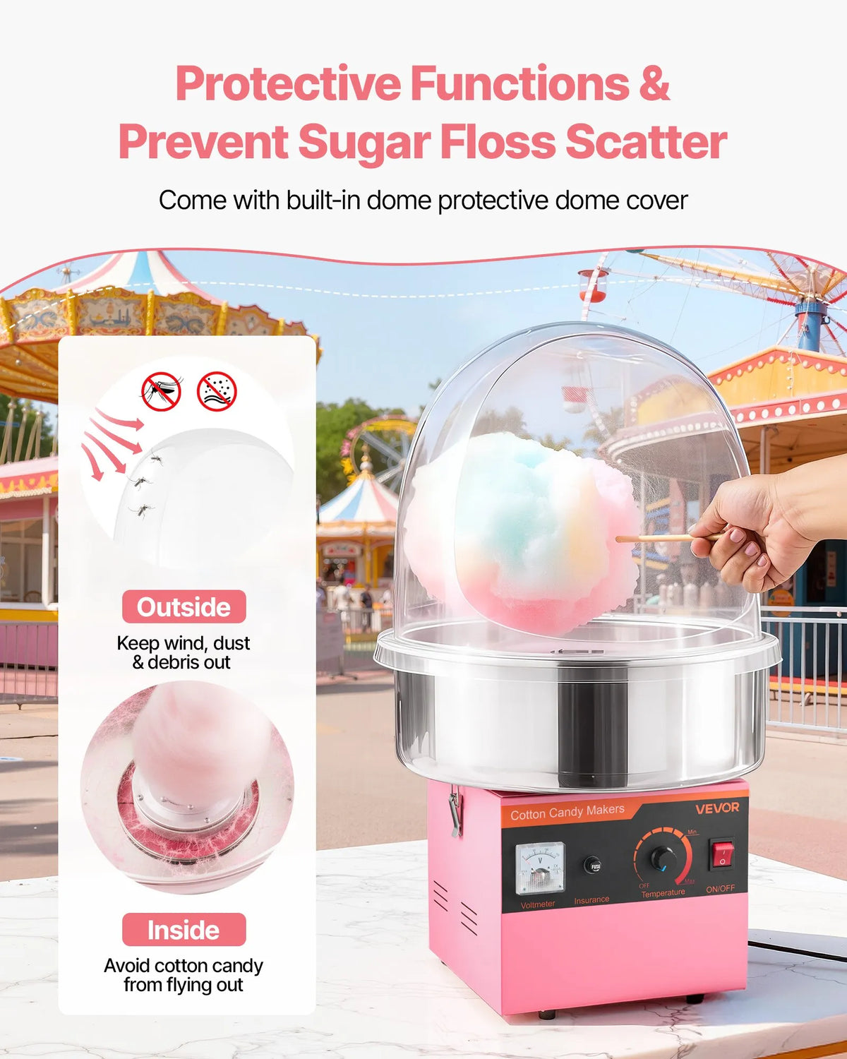 VEVOR Candy Floss Machine 1000 W with Cover and Stainless Steel Bowl, for Home and Parties, Pink