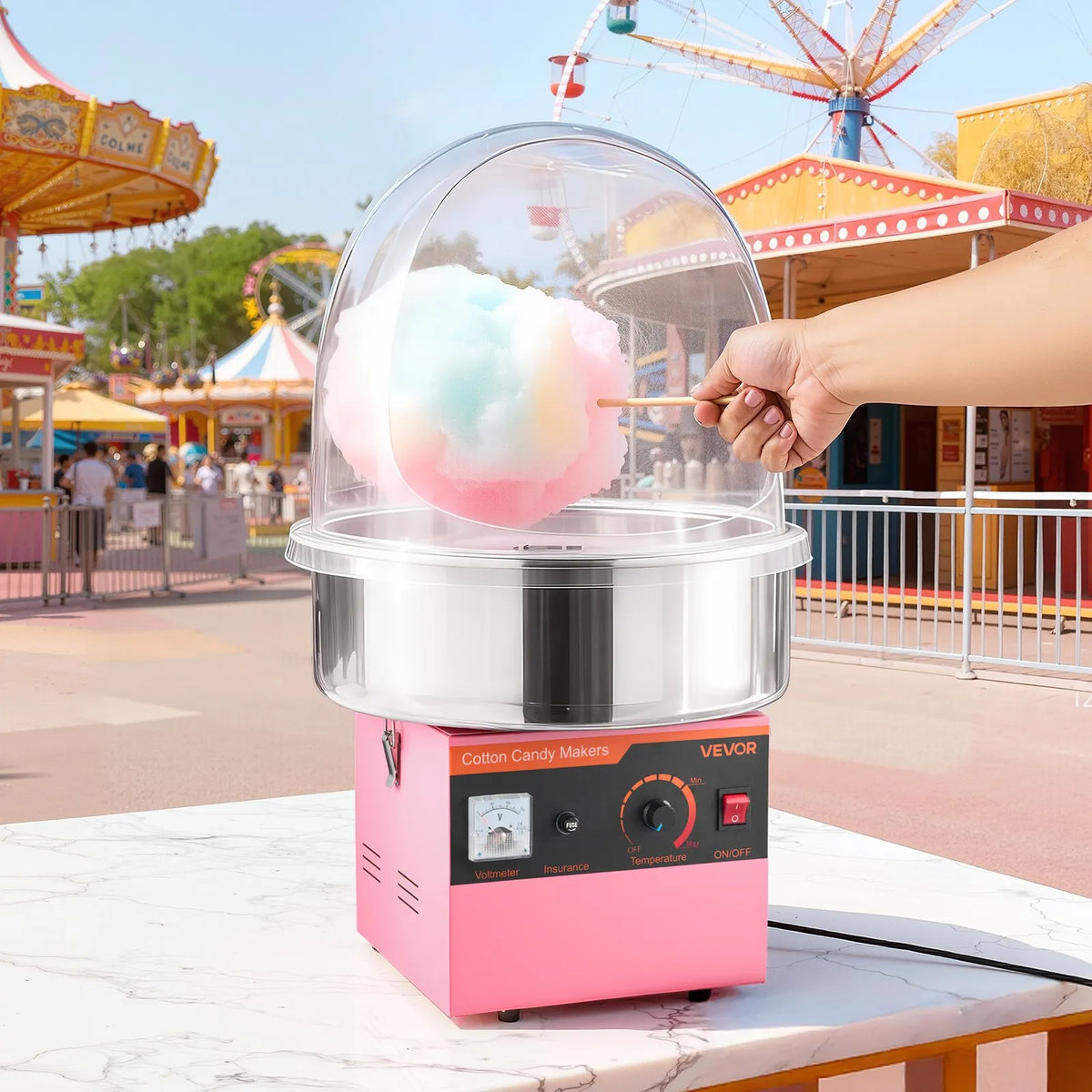 VEVOR Candy Floss Machine 1000 W with Cover and Stainless Steel Bowl, for Home and Parties, Pink