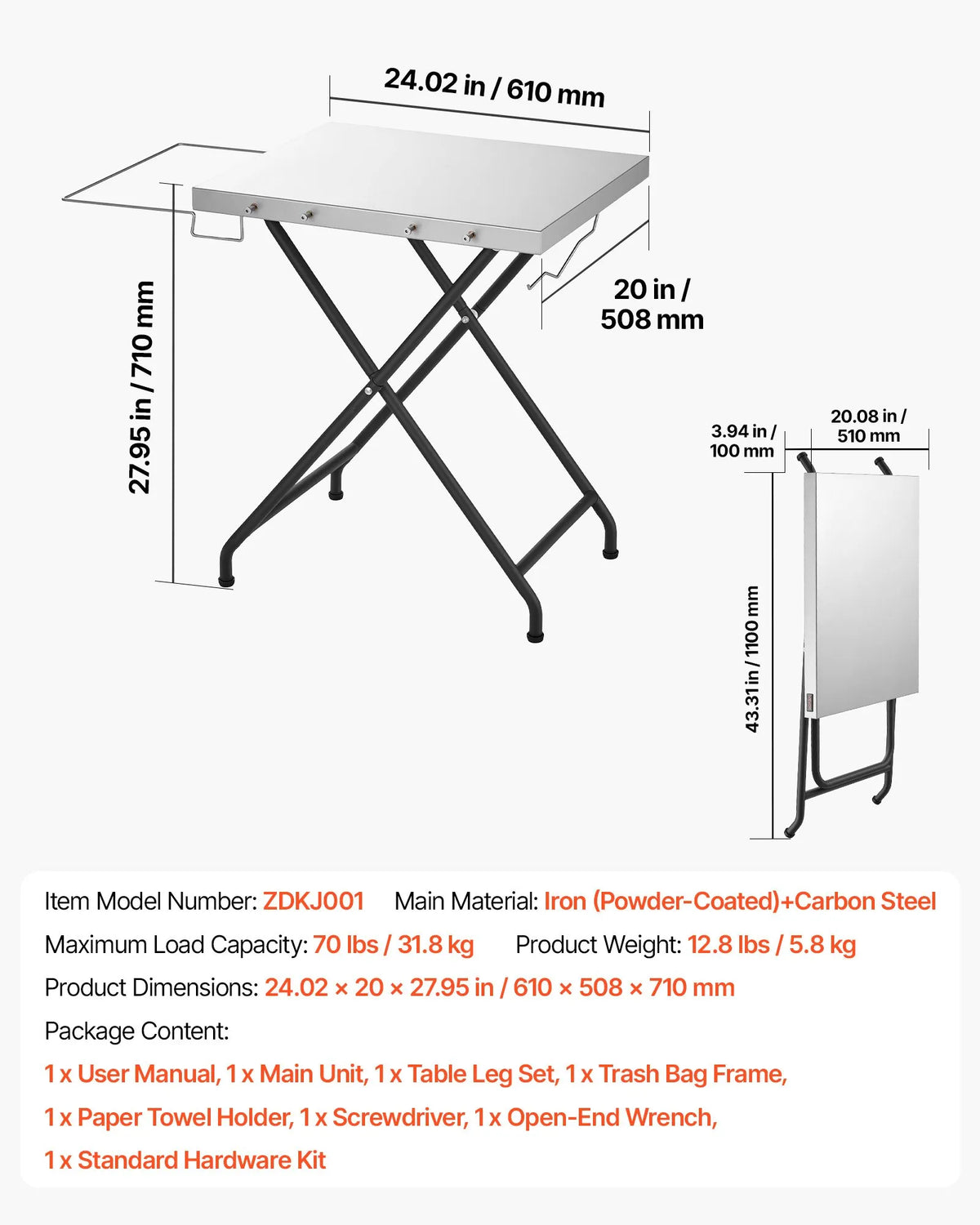 VEVOR saliekams grila galds, 61 × 51 cm, tērauda virsma, kravnesība 32 kg, ar piederumu plauktu un salvešu turētāju