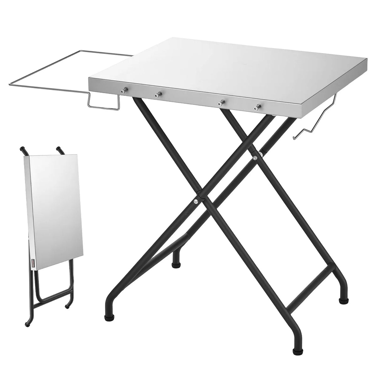 VEVOR saliekams grila galds, 61 × 51 cm, tērauda virsma, kravnesība 32 kg, ar piederumu plauktu un salvešu turētāju