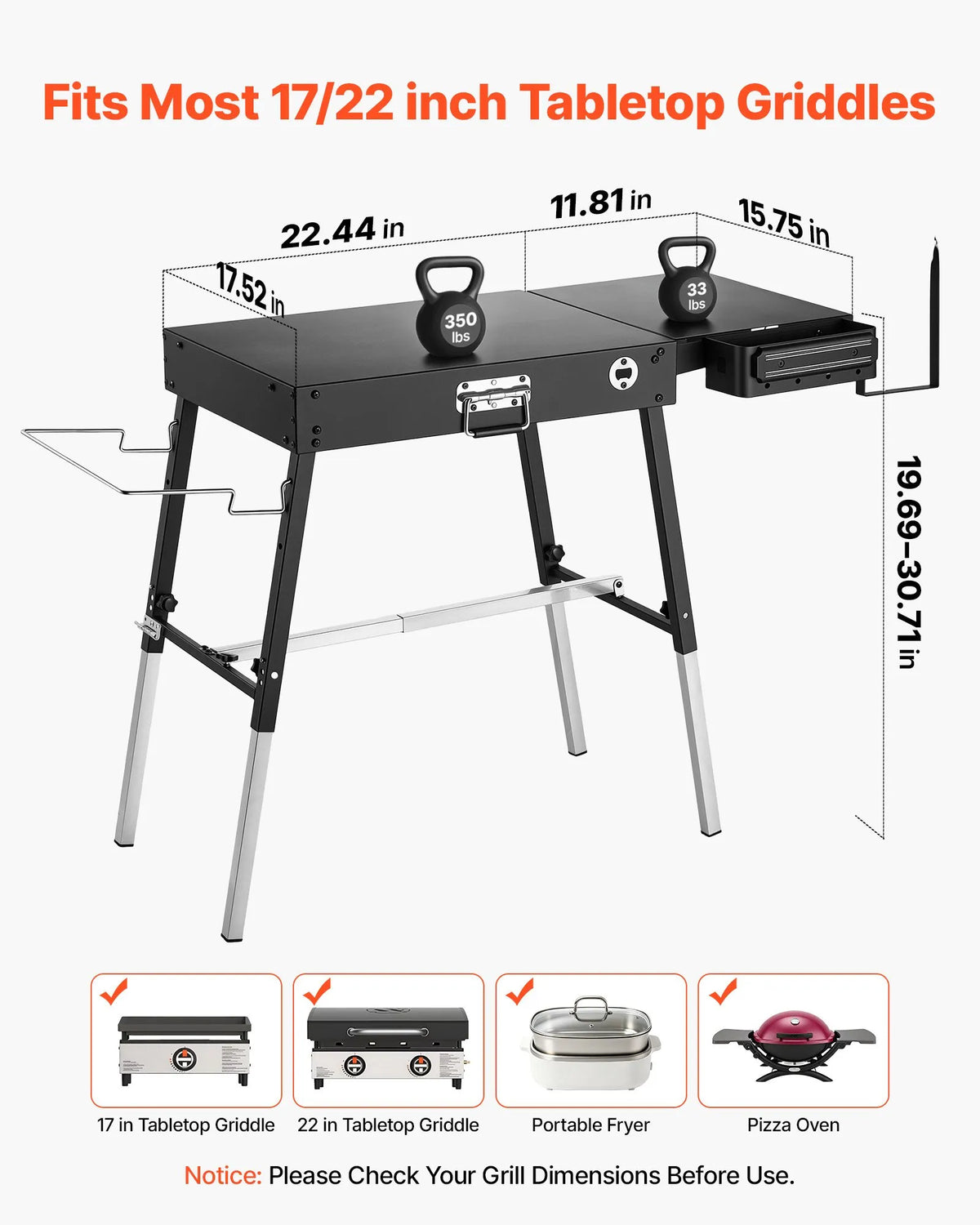 VEVOR saliekams grila galds, 87 × 45 cm, regulējams augstums, kravnesība 158 kg, ar magnētisku instrumentu turētāju un salvešu turētāju