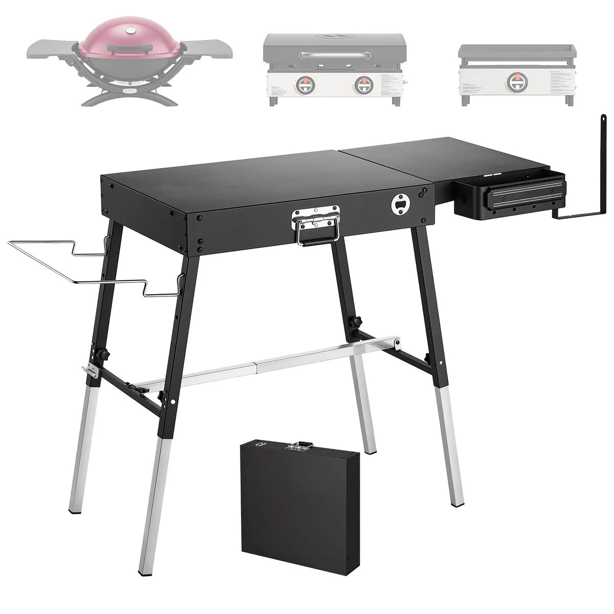VEVOR saliekams grila galds, 87 × 45 cm, regulējams augstums, kravnesība 158 kg, ar magnētisku instrumentu turētāju un salvešu turētāju