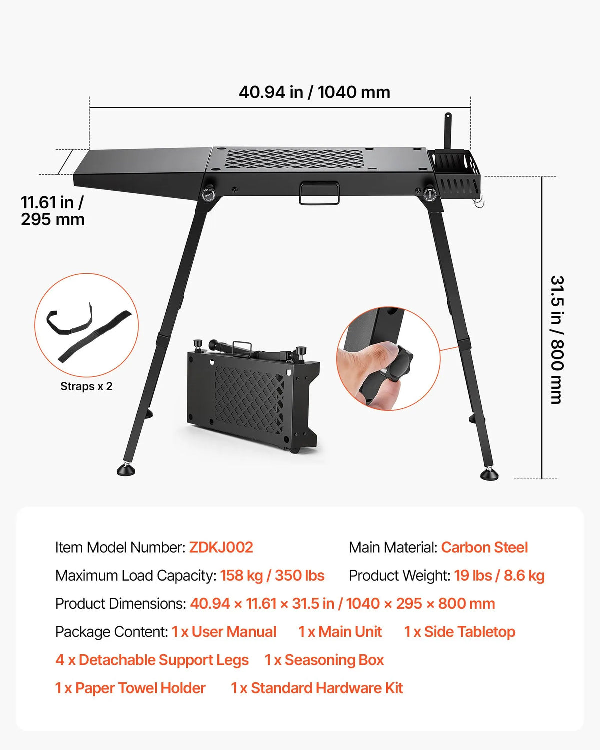 VEVOR saliekams grila galds uz riteņiem, 104 × 30 cm, regulējams augstums, kravnesība 158 kg, ar garšvielu grozu un sānu plauktu