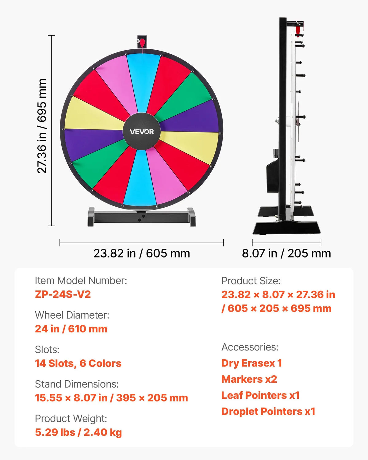 VEVOR Laimes rats 610 mm ar statīvu, 14 sektori, 6 krāsas, dzēšama virsma un 2 marķieri, galda vai grīdas lietošanai, piemērots ballītēm, izstādēm un pasākumiem - ZEMLETES.LV