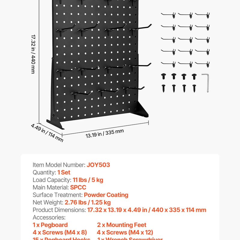 VEVOR galda perforētais demonstrācijas stends, 440 × 330 mm metāla perforētais panelis ar 15 āķiem, lieljaudas auksti velmēta tērauda preču un piederumu organizators, pārtikas veikaliem, melns, 1 gab.
