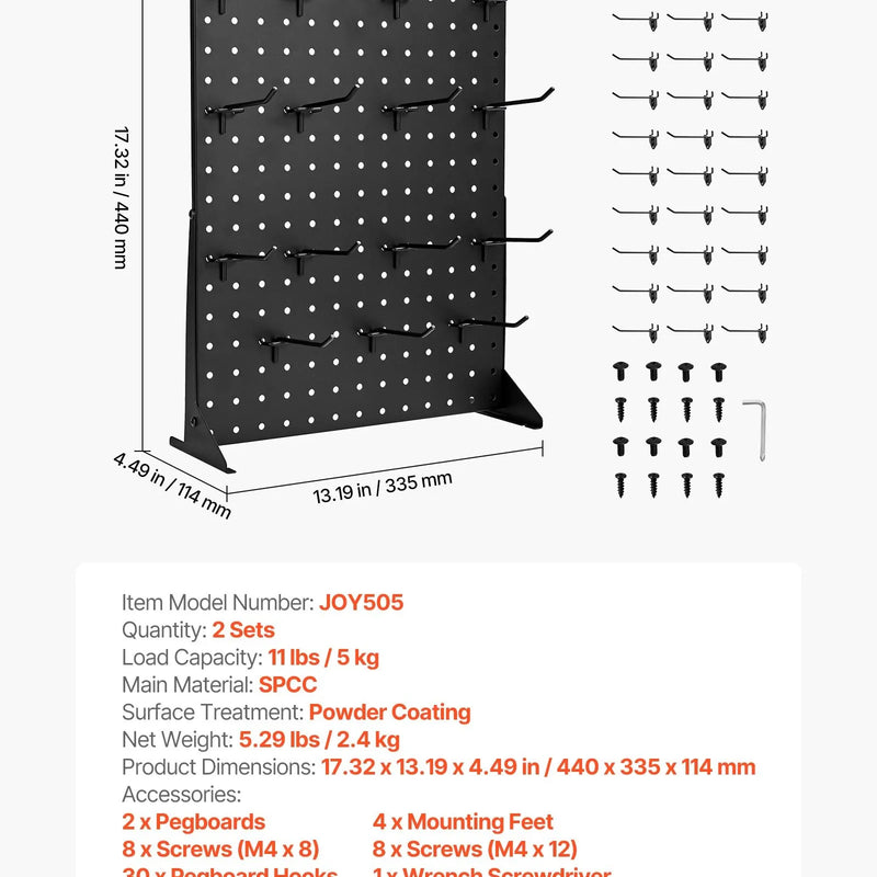 VEVOR galda perforēto demonstrācijas stendu komplekts, 2 gab., 43 × 33 cm metāla Pegboard paneļi ar 30 āķiem, biezināta auksti velmēta tērauda preču un aksesuāru organizators, melns