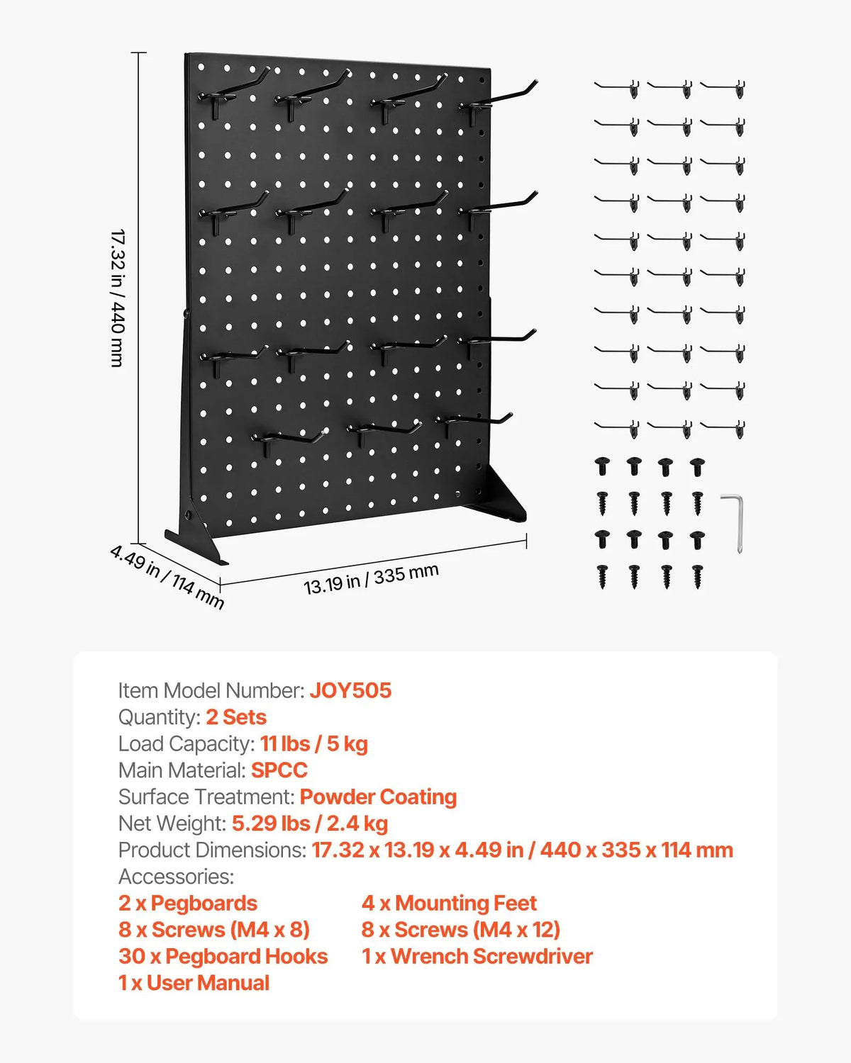 VEVOR galda perforēto demonstrācijas stendu komplekts, 2 gab., 43 × 33 cm metāla Pegboard paneļi ar 30 āķiem, biezināta auksti velmēta tērauda preču un aksesuāru organizators, melns