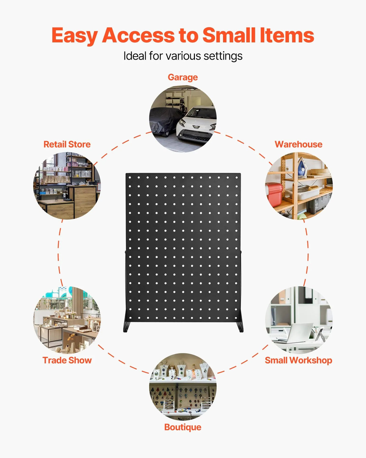 VEVORi lauale paigaldatavate perforeeritud näidistestide komplekt, 4 tk, 440 × 330 mm metallist perforeeritud paneelid, suure kandevõimega külmvaltsitud terasest toodete, aksessuaaride ja tarvikute hoidjad, jaemüügikohad ja juveeltoodete kauplused, mustad