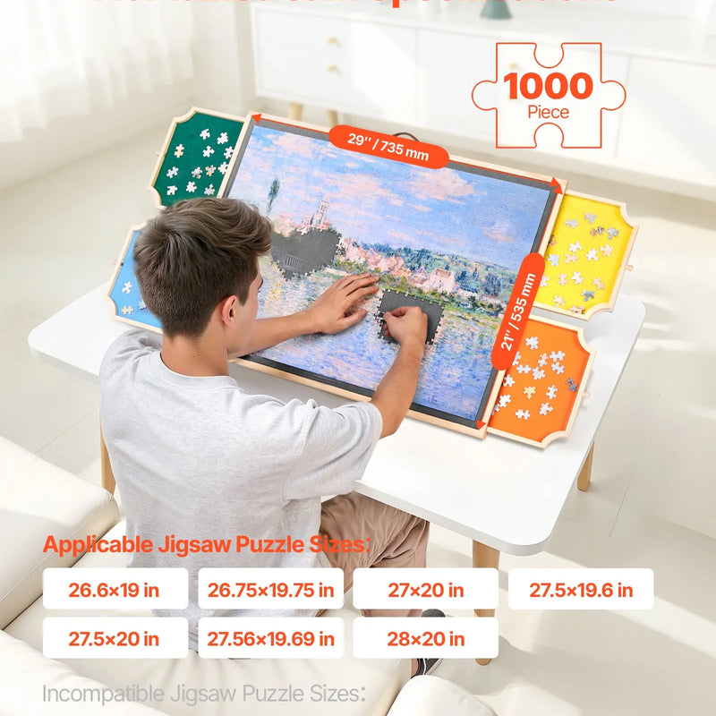 VEVOR 1000 detaļu rotējošs puzles dēlis ar 4 krāsainām filca atvilktnēm un pārsegu, 73 x 53 cm pārnēsājams koka galds, regulējams 2 slīpuma leņķos, puzļu piederumi pieaugušajiem, dzimšanas dienas dāvana mammai