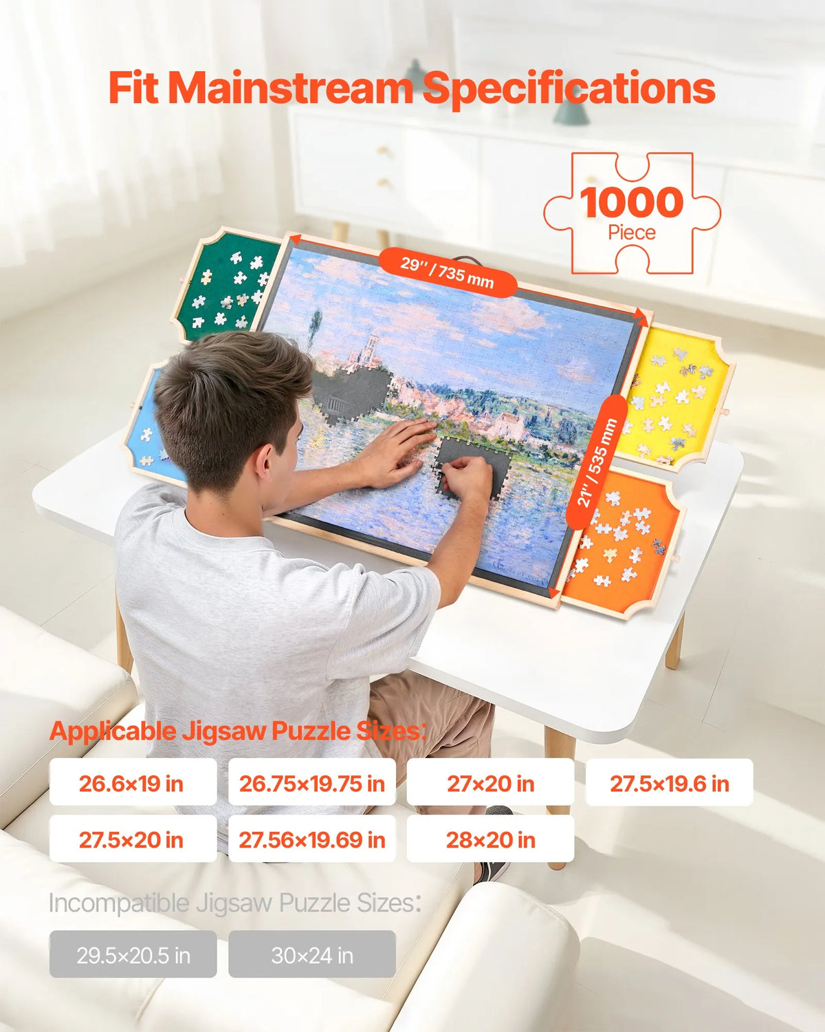 VEVOR 1000 detaļu rotējošs puzles dēlis ar 4 krāsainām filca atvilktnēm un pārsegu, 73 x 53 cm pārnēsājams koka galds, regulējams 2 slīpuma leņķos, puzļu piederumi pieaugušajiem, dzimšanas dienas dāvana mammai - ZEMLETES.LV