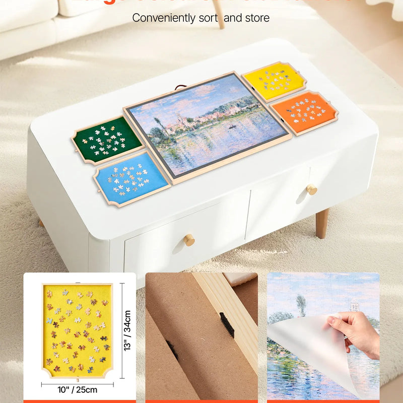 VEVOR 1000 detaļu rotējošs puzles dēlis ar 4 krāsainām filca atvilktnēm un pārsegu, 73 x 53 cm pārnēsājams koka galds, regulējams 2 slīpuma leņķos, puzļu piederumi pieaugušajiem, dzimšanas dienas dāvana mammai